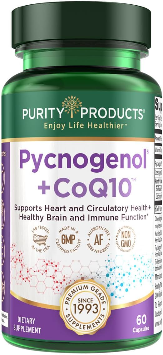 USA-Made Purity Products Pycnogenol + CoQ10 Super Formula with Kaneka Q10 - Supports Heart, Circulatory, Brain, Immune Health - 60 Capsules