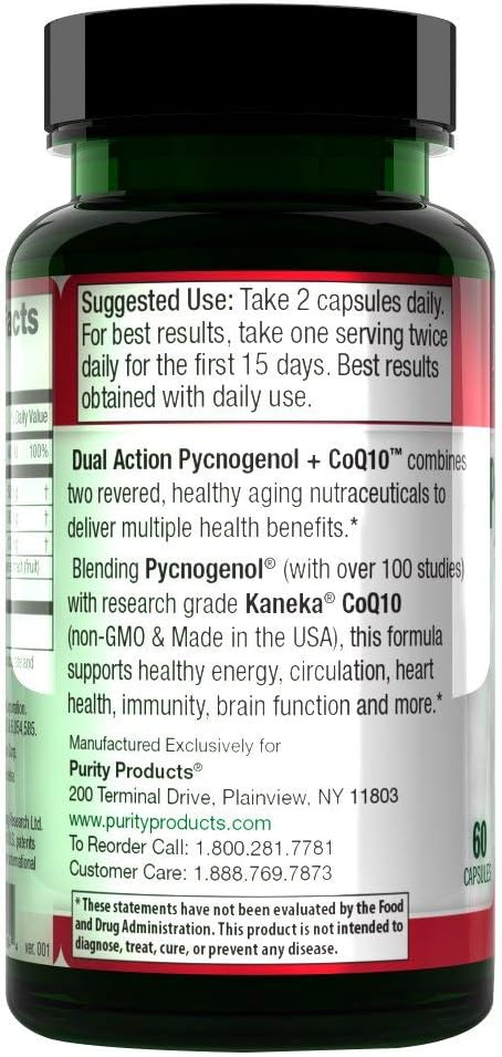 USA-Made Purity Products Pycnogenol + CoQ10 Super Formula with Kaneka Q10 - Supports Heart, Circulatory, Brain, Immune Health - 60 Capsules