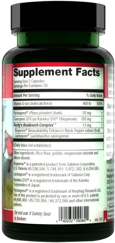 USA-Made Purity Products Pycnogenol + CoQ10 Super Formula with Kaneka Q10 - Supports Heart, Circulatory, Brain, Immune Health - 60 Capsules