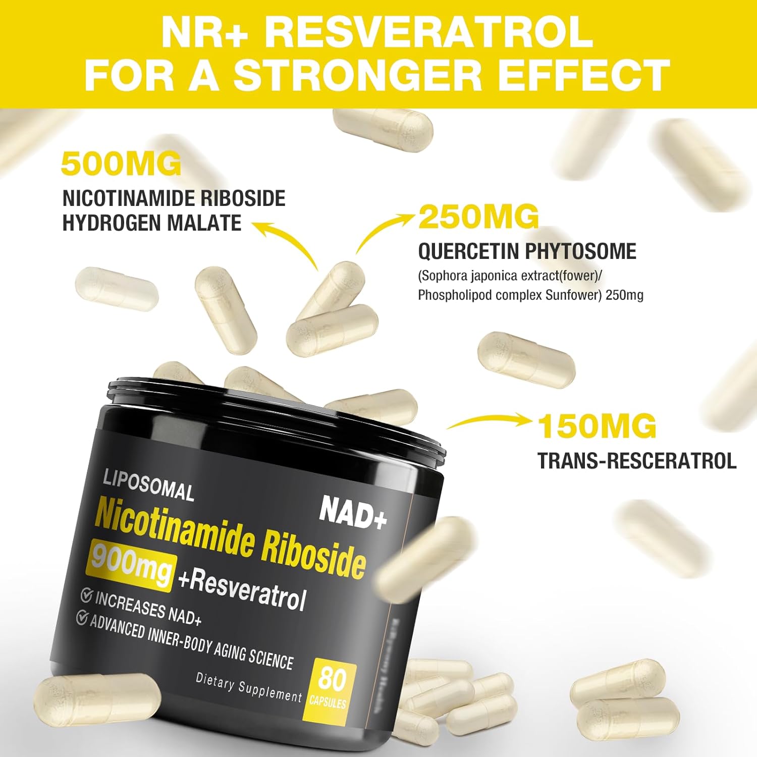 USA-Made RiRywony Health NAD+ Supplement with Nicotinamide Riboside and Resveratrol Quercetin - 900mg Formula