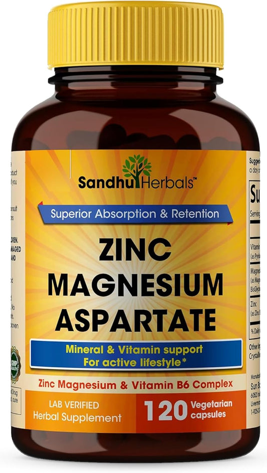 USA-Made Sandhu Herbals Zinc Magnesium Aspartate Supplement | 120 Capsules for Muscle Recovery & Immune Support - With Vitamin B6 for Better Sleep and Recovery