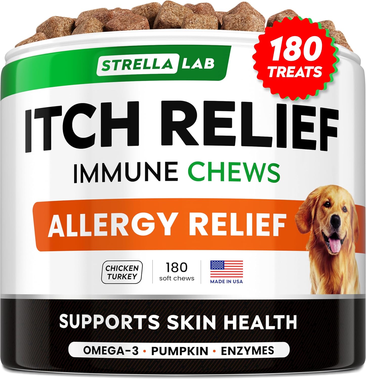 USA-Made StrellaLab Dog Allergy Relief Chews with Omega 3, Pumpkin & Turmeric - Skin & Coat Immune Support Supplement for Itchy Dogs - 180 Ct Chicken Flavor