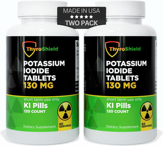 USA Made ThyroShield Potassium Iodide Tablets - 130mg for Radiation Exposure | Nuclear Fallout KI Pills - 120 Tablets x 2 Pack
