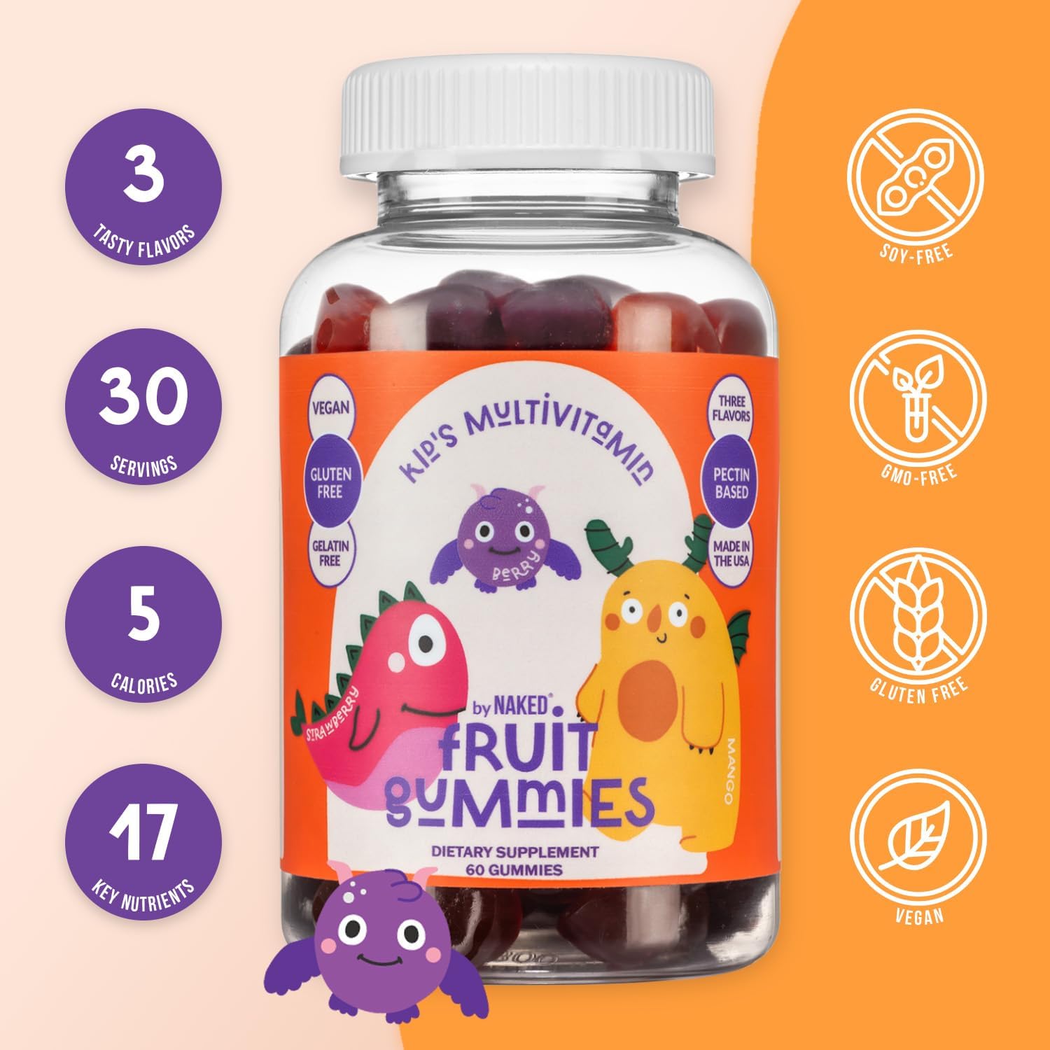 USA-Made Vegan Kids Vitamin Gummies with A, C, D, E, B6, B12, Zinc - GMO-Free, Gluten-Free, Gelatin-Free - 30 Day Supply