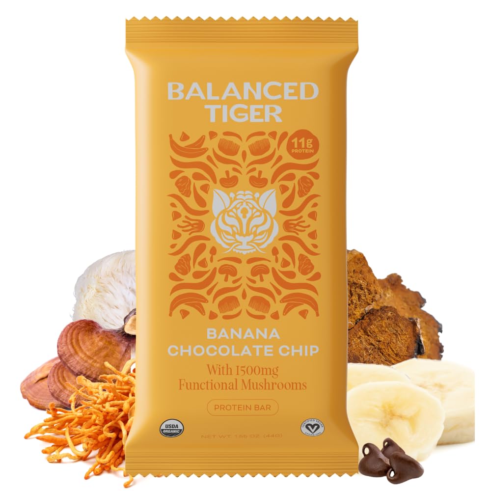 USA-Made Vegan Protein Bars with Organic Functional Mushrooms & Adaptogens - Banana Chocolate Chip Flavor, High Protein Plant Bars with Full Dose (1500mg) Lions Mane, Chaga, Reishi & Cordyceps