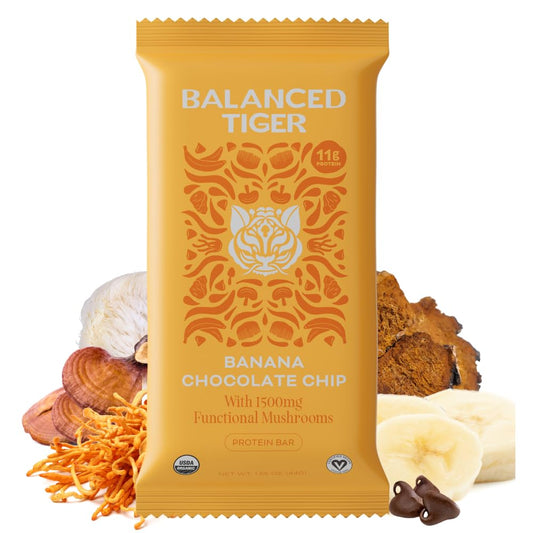 USA-Made Vegan Protein Bars with Organic Functional Mushrooms & Adaptogens - Banana Chocolate Chip Flavor, High Protein Plant Bars with Full Dose (1500mg) Lions Mane, Chaga, Reishi & Cordyceps