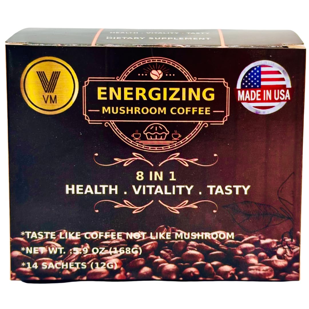 USA-Made VM Energizing Mushroom Coffee with Reishi, Ginseng, and Carbo Mix - 8-in-1 Instant Coffee with Natural Ganoderma - Dietary Supplement for Energy Boost and Focus
