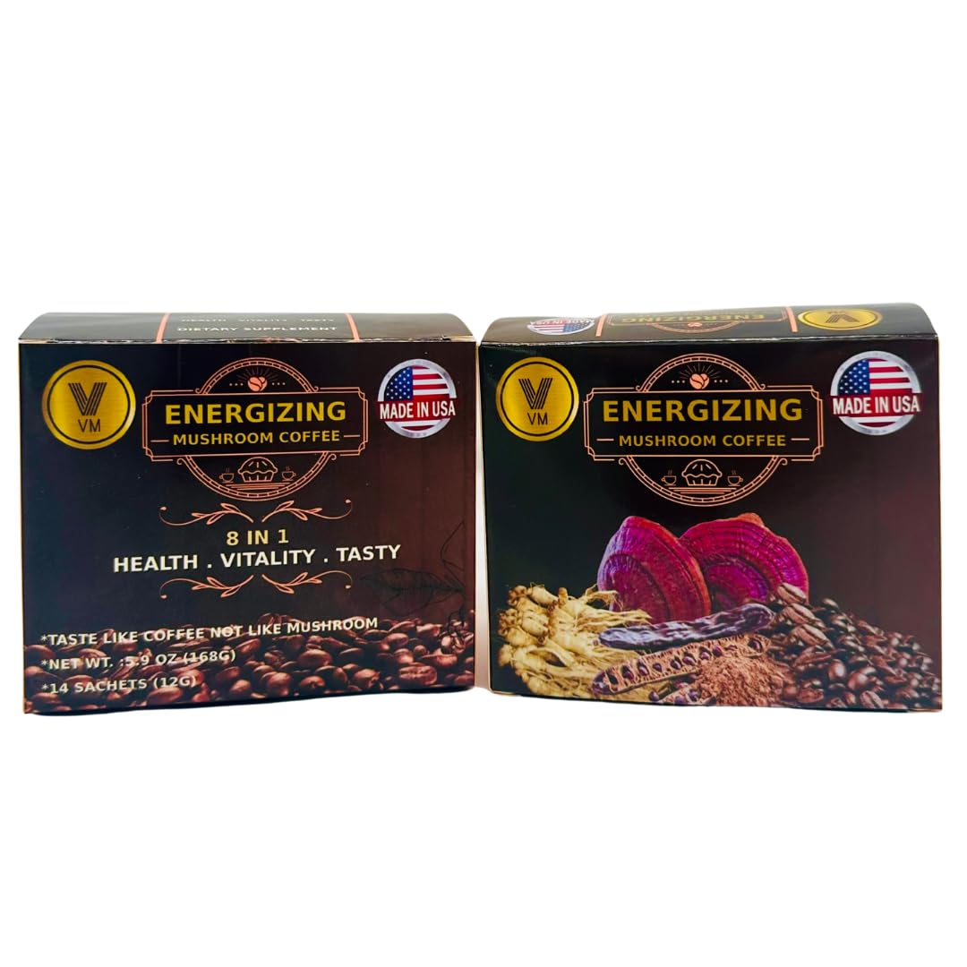 USA-Made VM Energizing Mushroom Coffee with Reishi, Ginseng, and Carbo Mix - 8-in-1 Instant Coffee with Natural Ganoderma - Dietary Supplement for Energy Boost and Focus