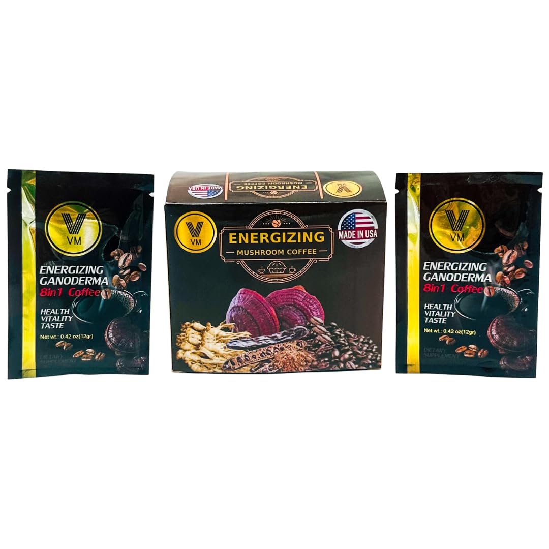 USA-Made VM Energizing Mushroom Coffee with Reishi, Ginseng, and Carbo Mix - 8-in-1 Instant Coffee with Natural Ganoderma - Dietary Supplement for Energy Boost and Focus