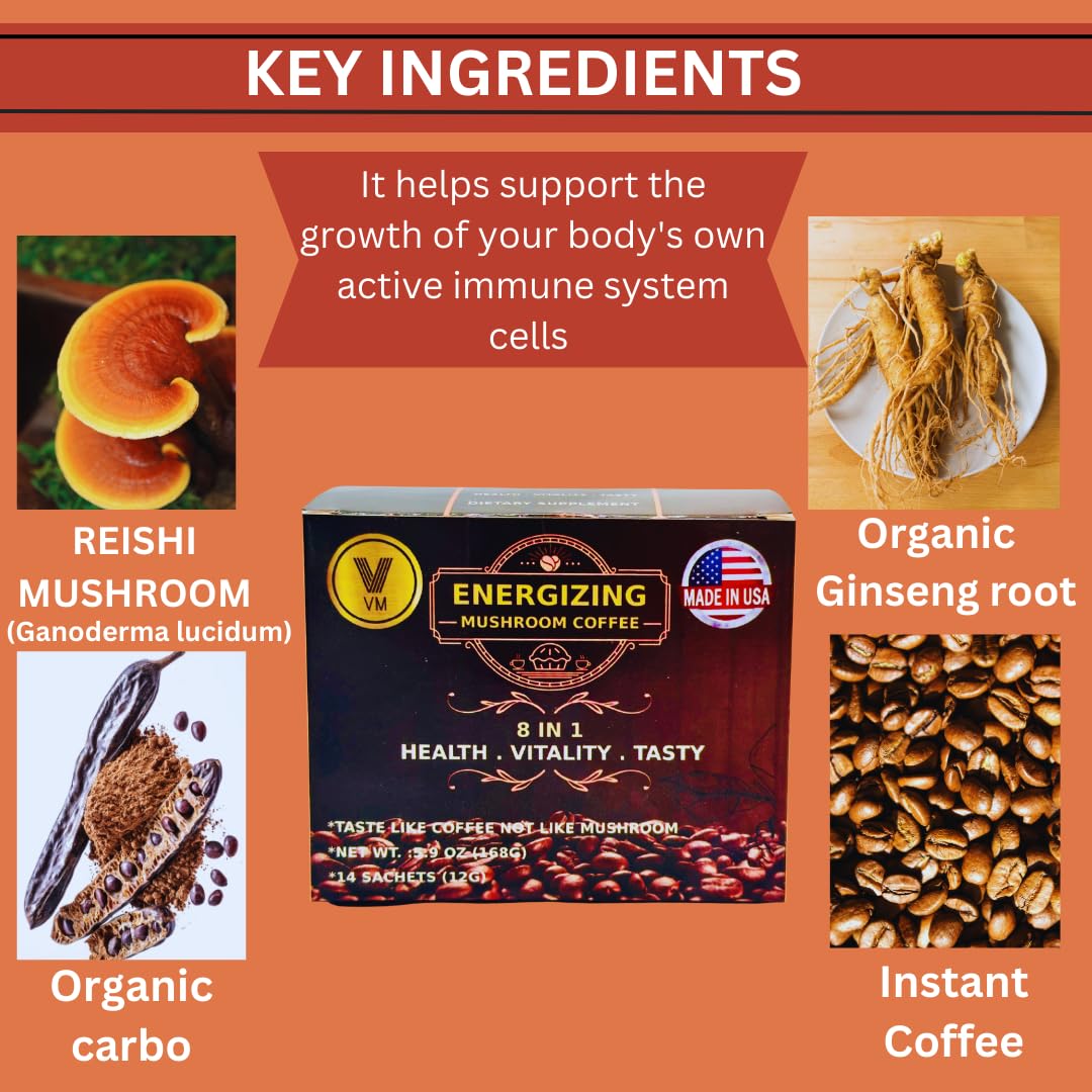 USA-Made VM Energizing Mushroom Coffee with Reishi, Ginseng, and Carbo Mix - 8-in-1 Instant Coffee with Natural Ganoderma - Dietary Supplement for Energy Boost and Focus
