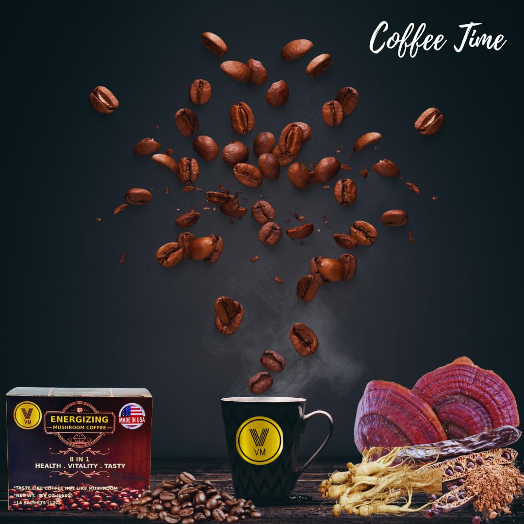 USA-Made VM Energizing Mushroom Coffee with Reishi, Ginseng, and Carbo Mix - 8-in-1 Instant Coffee with Natural Ganoderma - Dietary Supplement for Energy Boost and Focus