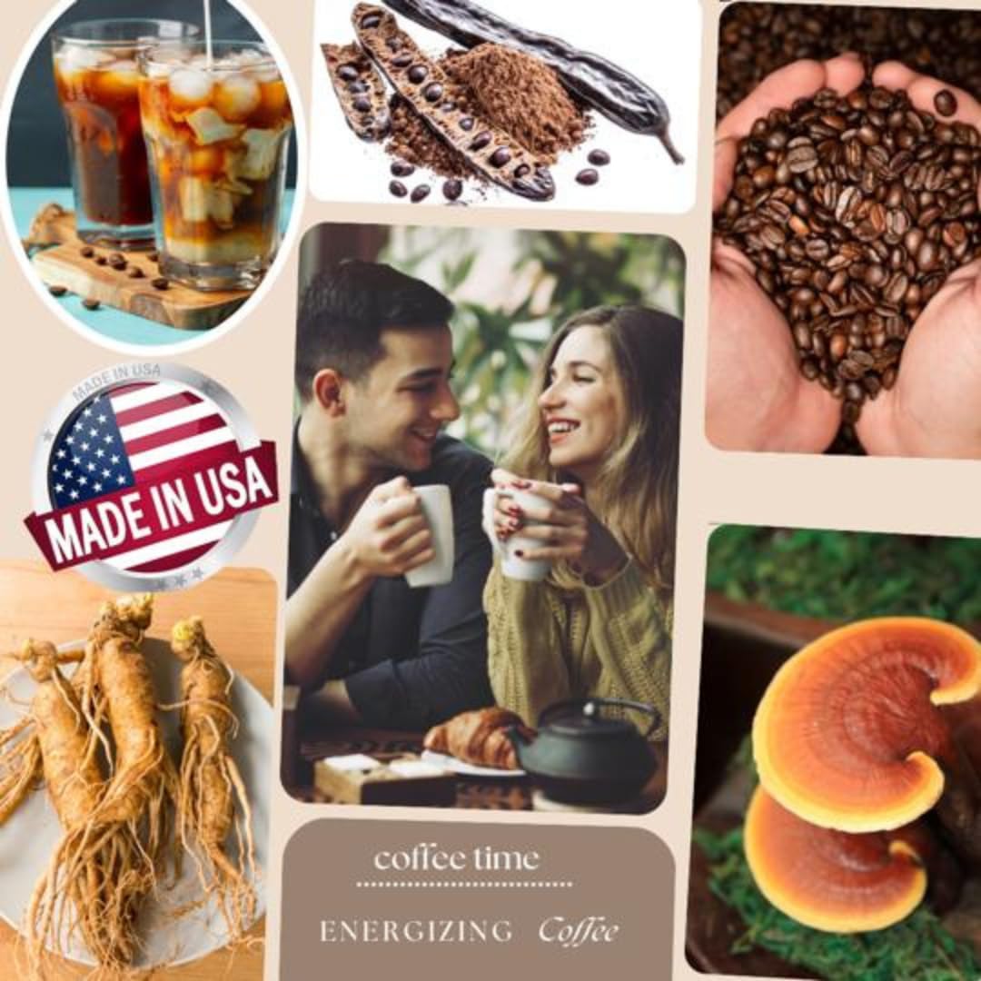 USA-Made VM Energizing Mushroom Coffee with Reishi, Ginseng, and Carbo Mix - 8-in-1 Instant Coffee with Natural Ganoderma - Dietary Supplement for Energy Boost and Focus