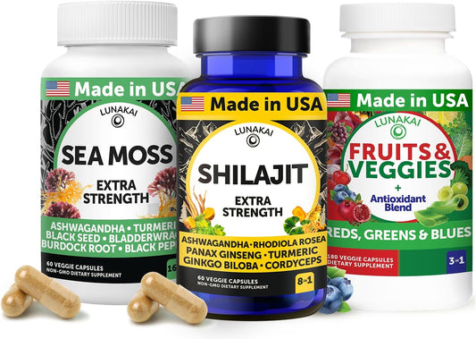 USA Made Wellness Bundle - Shilajit, Irish Sea Moss, Superfood Fruits & Veggies Supplements for Energy & Immune Support