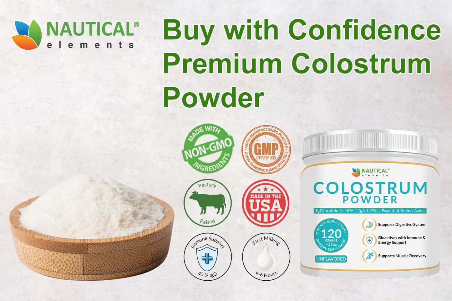 USA Midwest Pasture Raised Bovine Colostrum Powder - High IgG Content - 120g Unflavored Supplement Powder