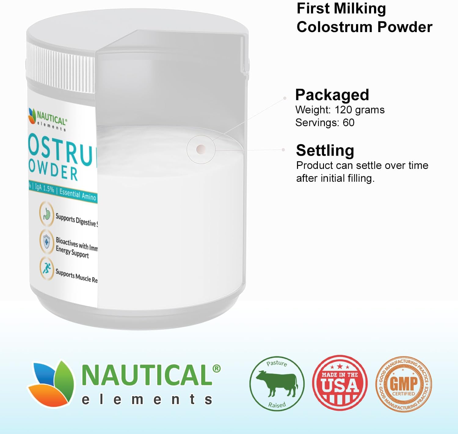 USA Midwest Pasture Raised Bovine Colostrum Powder - High IgG Content - 120g Unflavored Supplement Powder