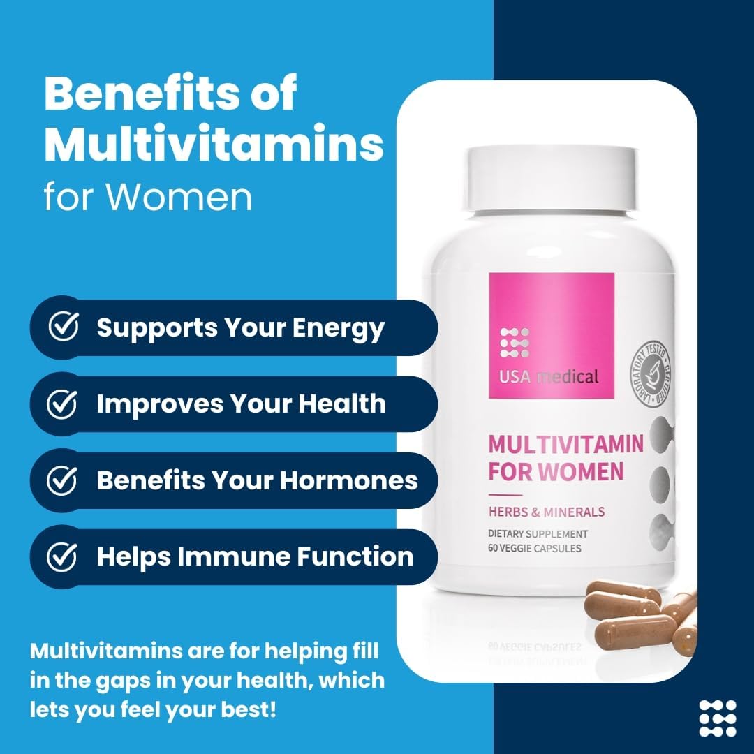USA Women’s Multivitamin Capsules - Complete Supplement with Biotin, Folate, and Zinc - Supports Energy, Fertility, Hormones, and Sleep - 60 Capsules