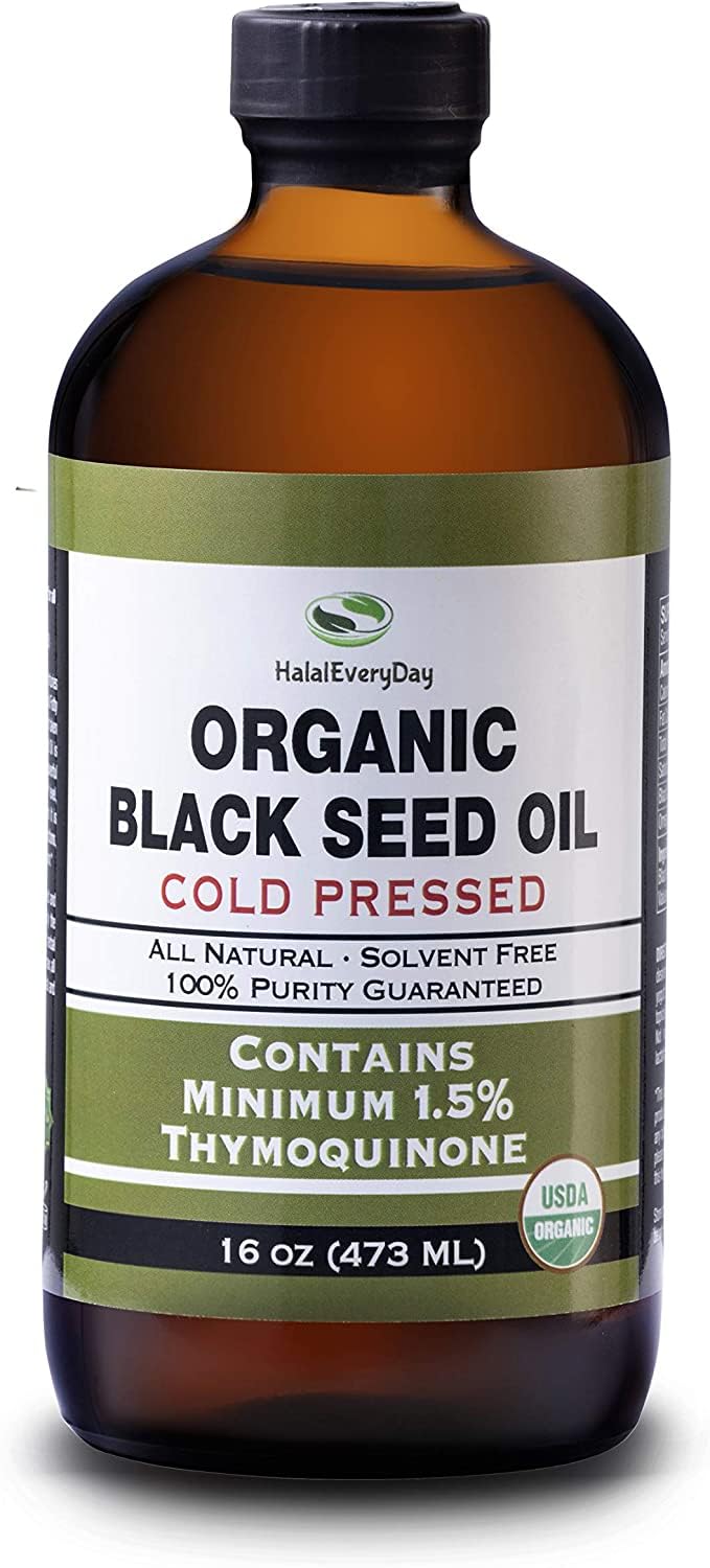 USDA Certified HalalEveryDay Organic Black Seed Oil - Cold Pressed Glass Bottle with Over 1.5% Thymoquinone - 3X Strength Turkish Black Cumin Nigella Sativa - 100% Pure Blackseed Oil - 32oz Bottle