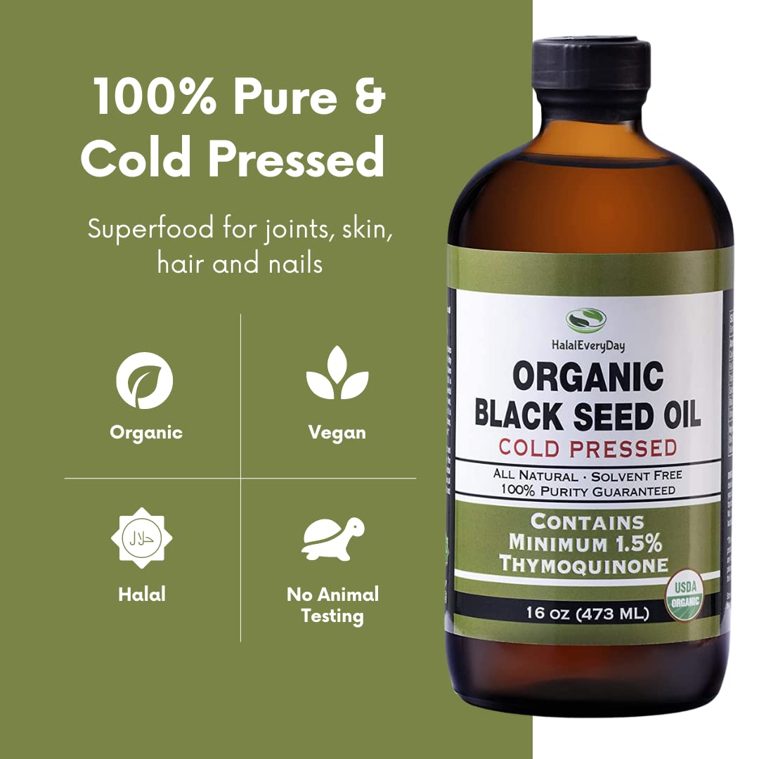 USDA Certified HalalEveryDay Organic Black Seed Oil - Cold Pressed Glass Bottle with Over 1.5% Thymoquinone - 3X Strength Turkish Black Cumin Nigella Sativa - 100% Pure Blackseed Oil - 32oz Bottle