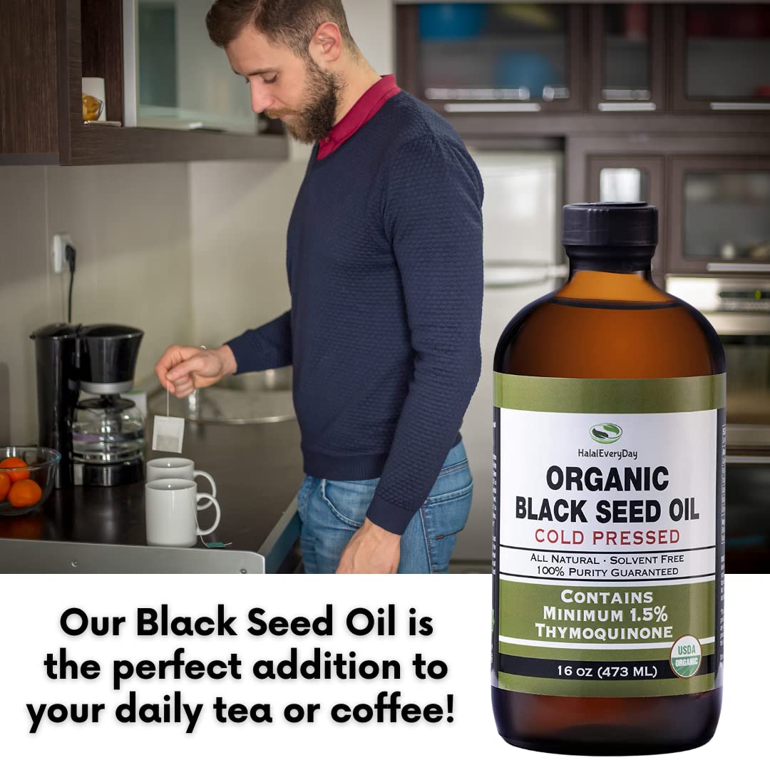 USDA Certified HalalEveryDay Organic Black Seed Oil - Cold Pressed Glass Bottle with Over 1.5% Thymoquinone - 3X Strength Turkish Black Cumin Nigella Sativa - 100% Pure Blackseed Oil - 32oz Bottle