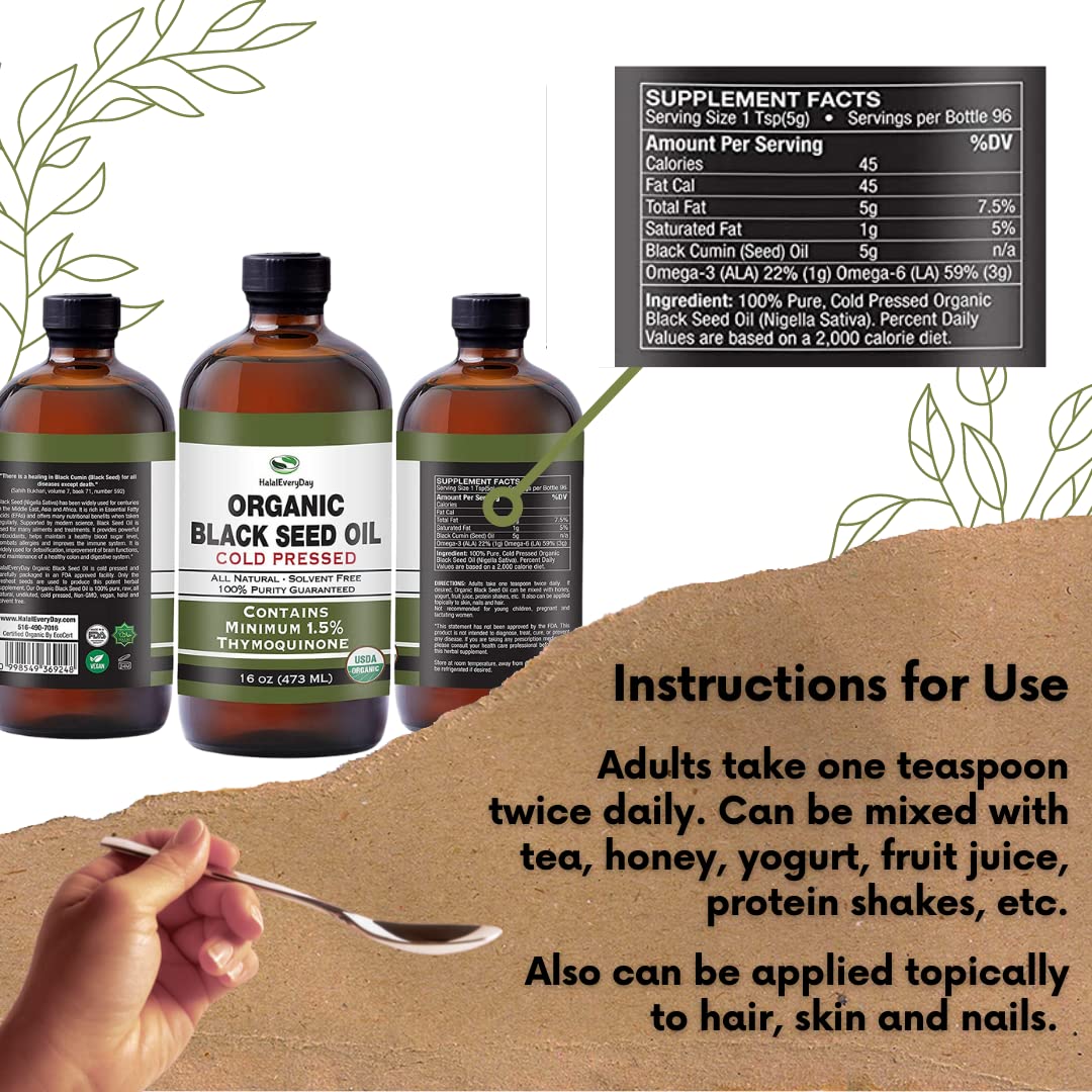 USDA Certified HalalEveryDay Organic Black Seed Oil - Cold Pressed Glass Bottle with Over 1.5% Thymoquinone - 3X Strength Turkish Black Cumin Nigella Sativa - 100% Pure Blackseed Oil - 32oz Bottle