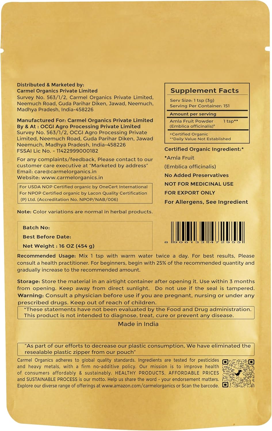 USDA Certified Organic Amla Fruit Powder 16 Oz - Non GMO & Gluten Free - No Preservatives - by CARMEL ORGANICS