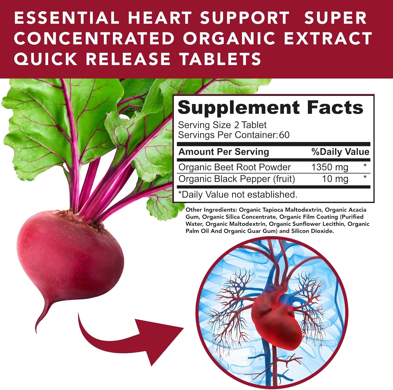 USDA Certified Organic Beet Root Tablets with Black Pepper for Enhanced Absorption - Nitric Oxide Supplement - 1350mg Beets Powder