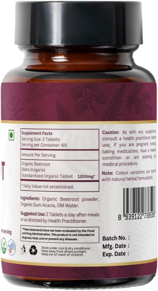 USDA Certified Organic Beetroot Tablets - 120 Count | Supports Blood Flow & Energy | Vegan Formula | Beta Vulgaris Supplement