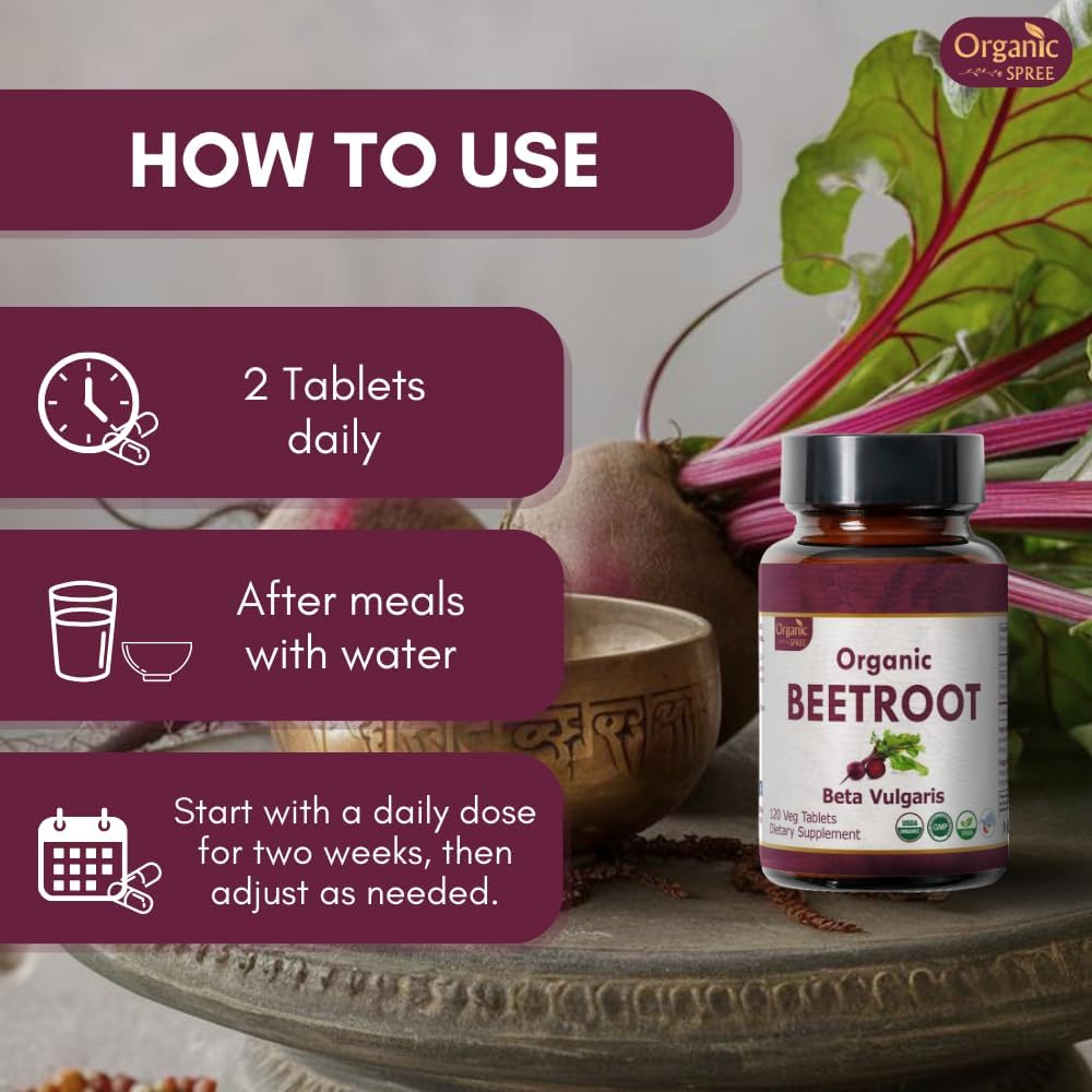 USDA Certified Organic Beetroot Tablets - 120 Count | Supports Blood Flow & Energy | Vegan Formula | Beta Vulgaris Supplement