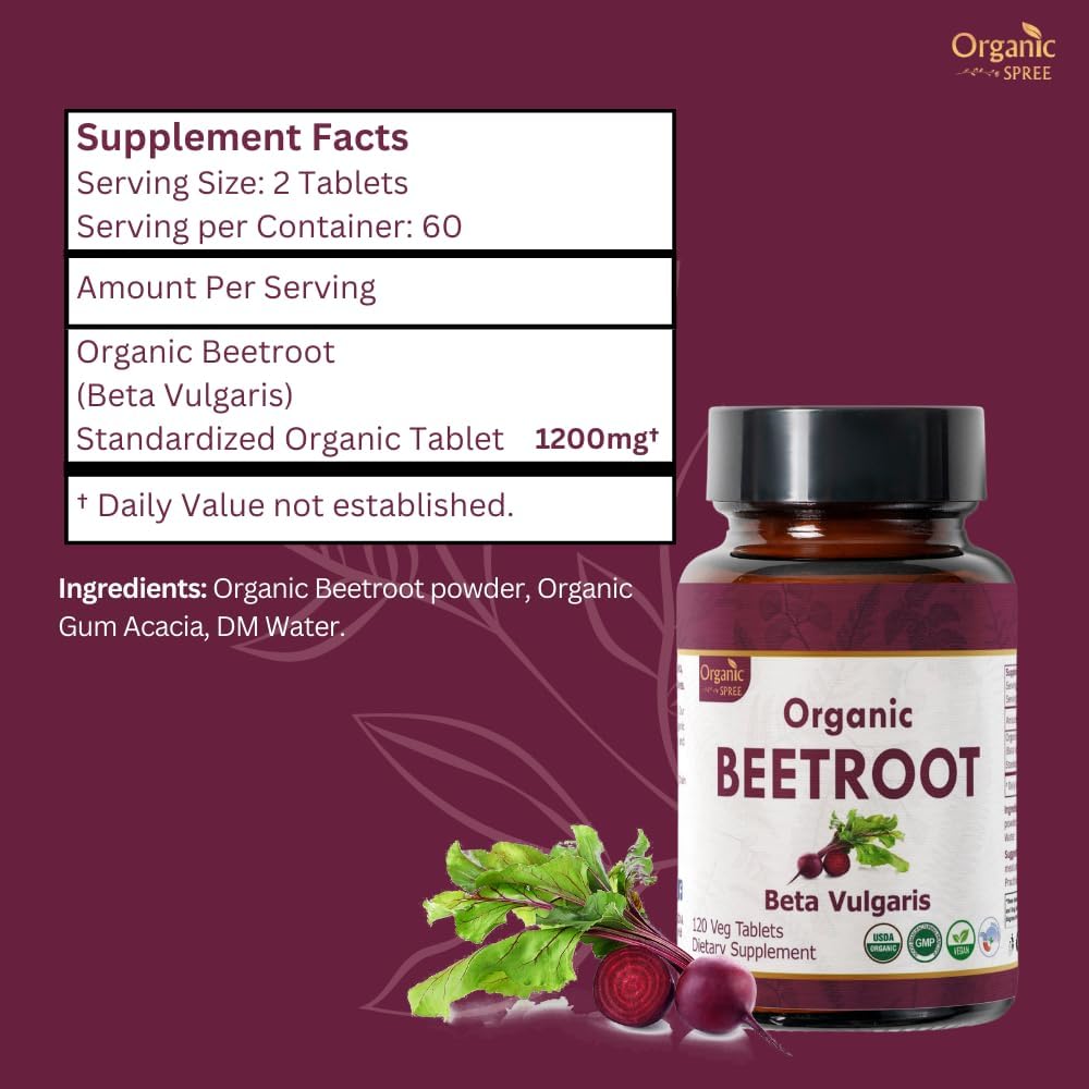 USDA Certified Organic Beetroot Tablets - 120 Count | Supports Blood Flow & Energy | Vegan Formula | Beta Vulgaris Supplement