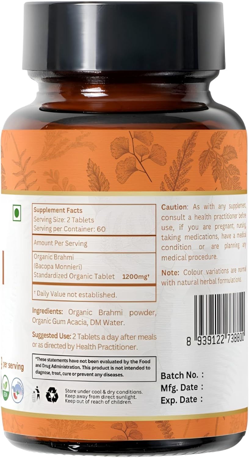 USDA Certified Organic Brahmi Tablets - Vegan Bacopa Monnieri Supplement - 240 Tablets (2 Pack)