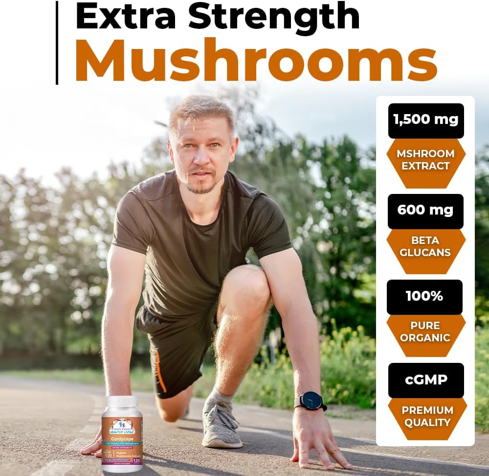 USDA Certified Organic Cordyceps Mushrooms Supplement | High Potency 1,500mg Extract with 40% Beta-Glucans | Energy & Immune Support Booster | 120 Capsules