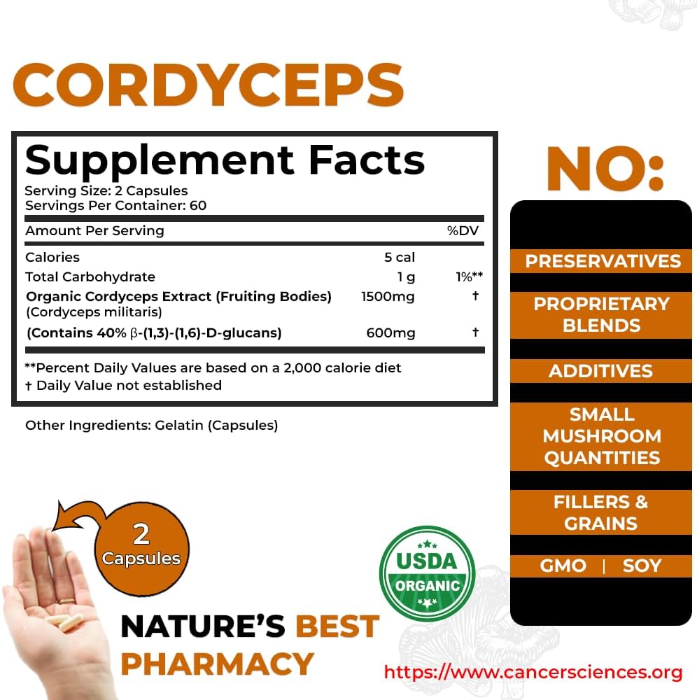USDA Certified Organic Cordyceps Mushrooms Supplement | High Potency 1,500mg Extract with 40% Beta-Glucans | Energy & Immune Support Booster | 120 Capsules