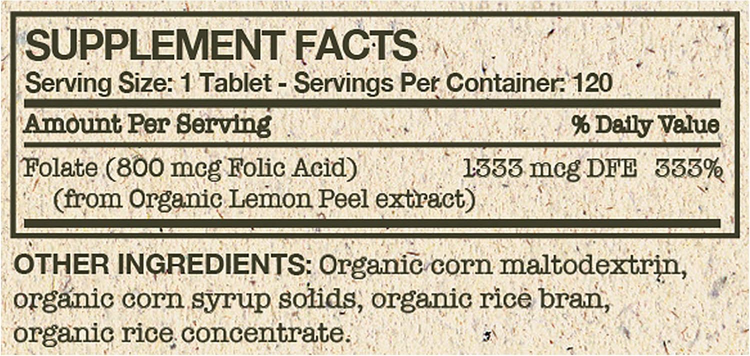 USDA Certified Organic Folic Acid 800mcg from Organic Lemon Peel - 120 Vegetarian Tablets by Futurebiotics