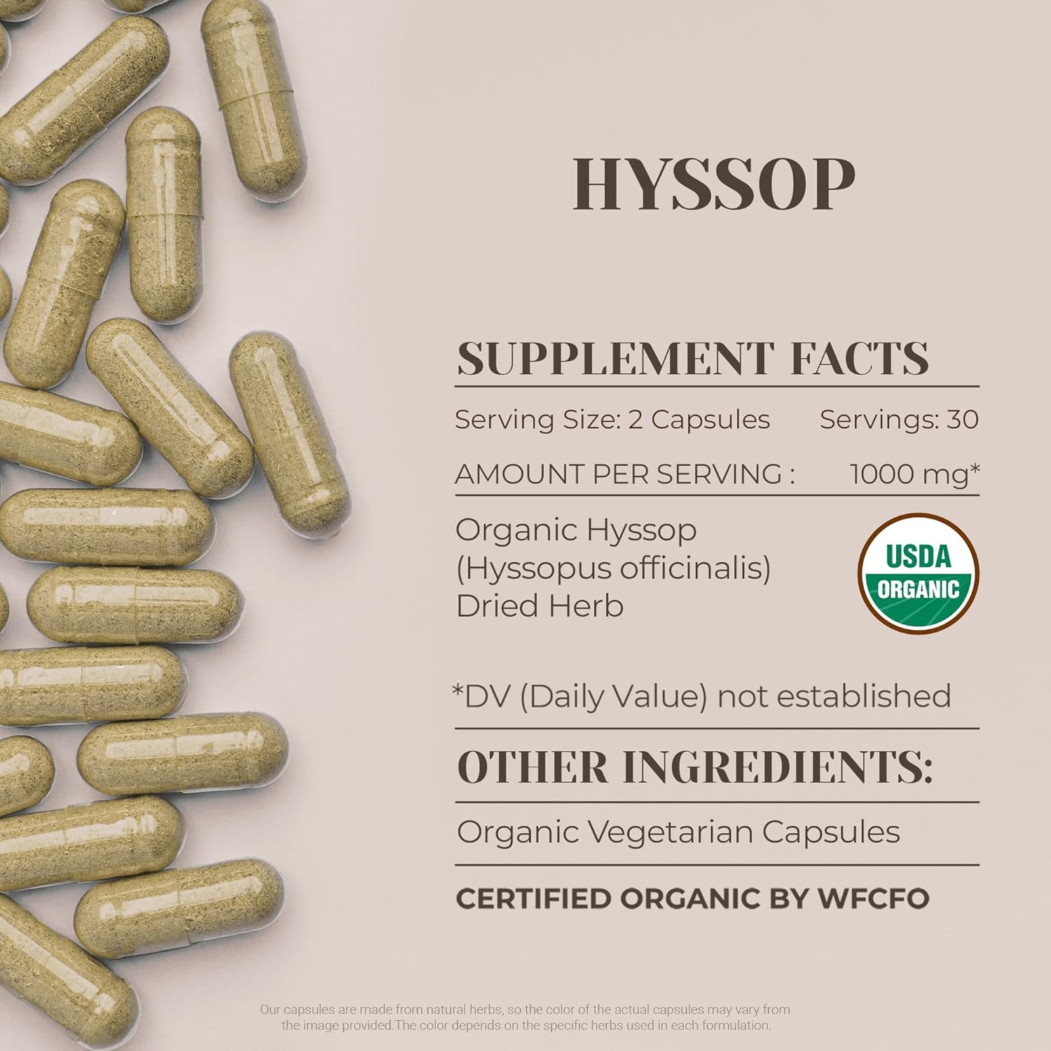 USDA Certified Organic Garden Organics Hyssop Capsules - High-Potency Natural Supplement with Hyssop (Hyssopus officinalis) Dried Herb - 60 Capsules