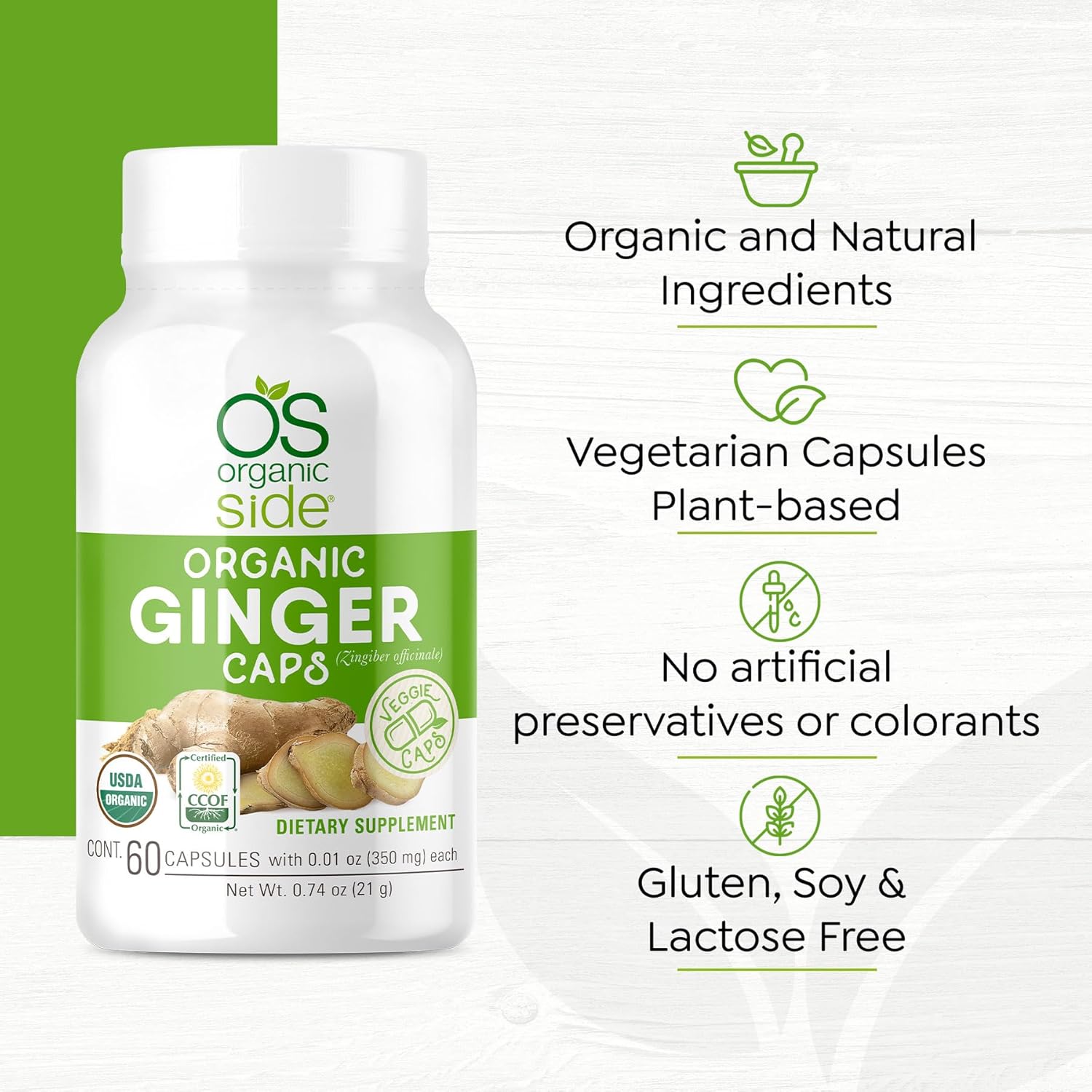 USDA Certified Organic Ginger Capsules for Digestive Health Support | Vegan | Non-GMO | 60 Capsules