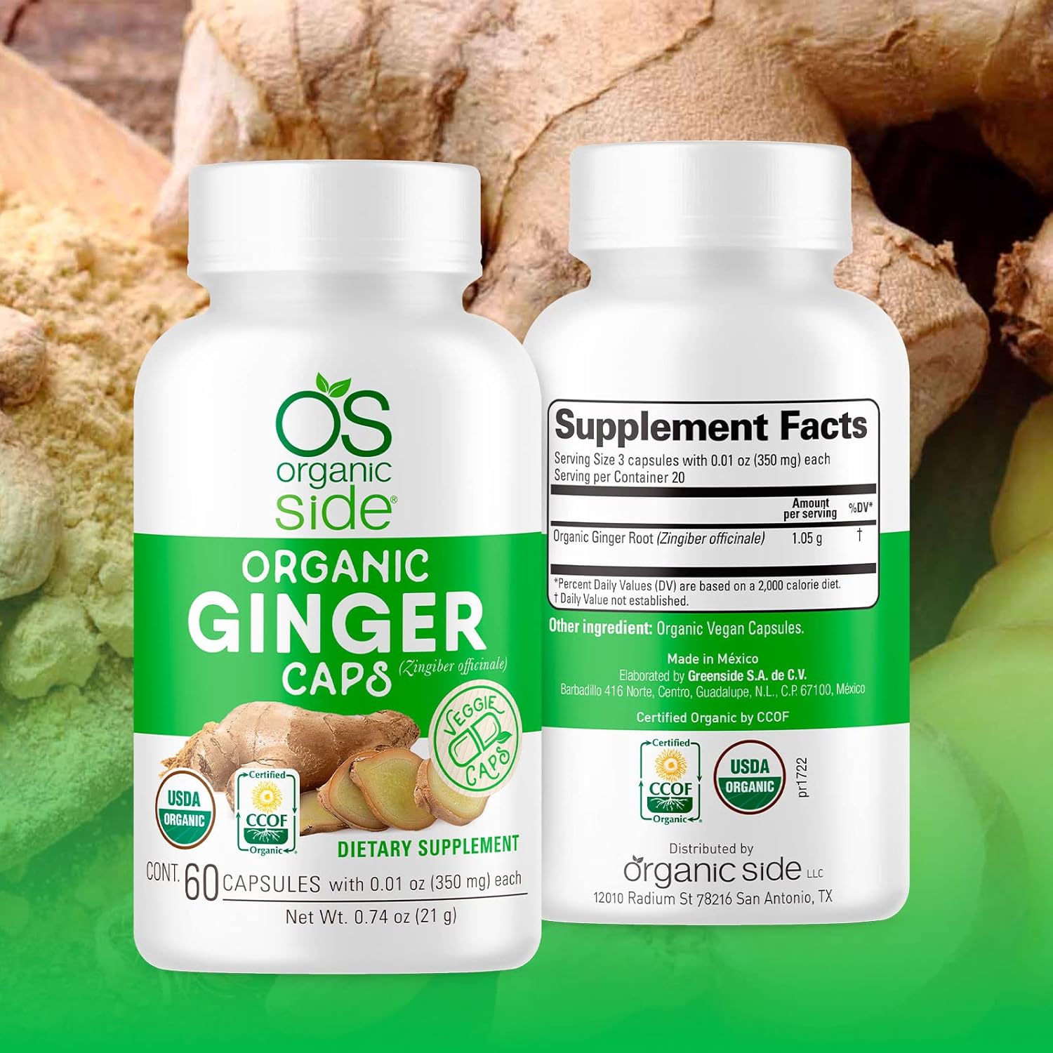 USDA Certified Organic Ginger Capsules for Digestive Health Support | Vegan | Non-GMO | 60 Capsules