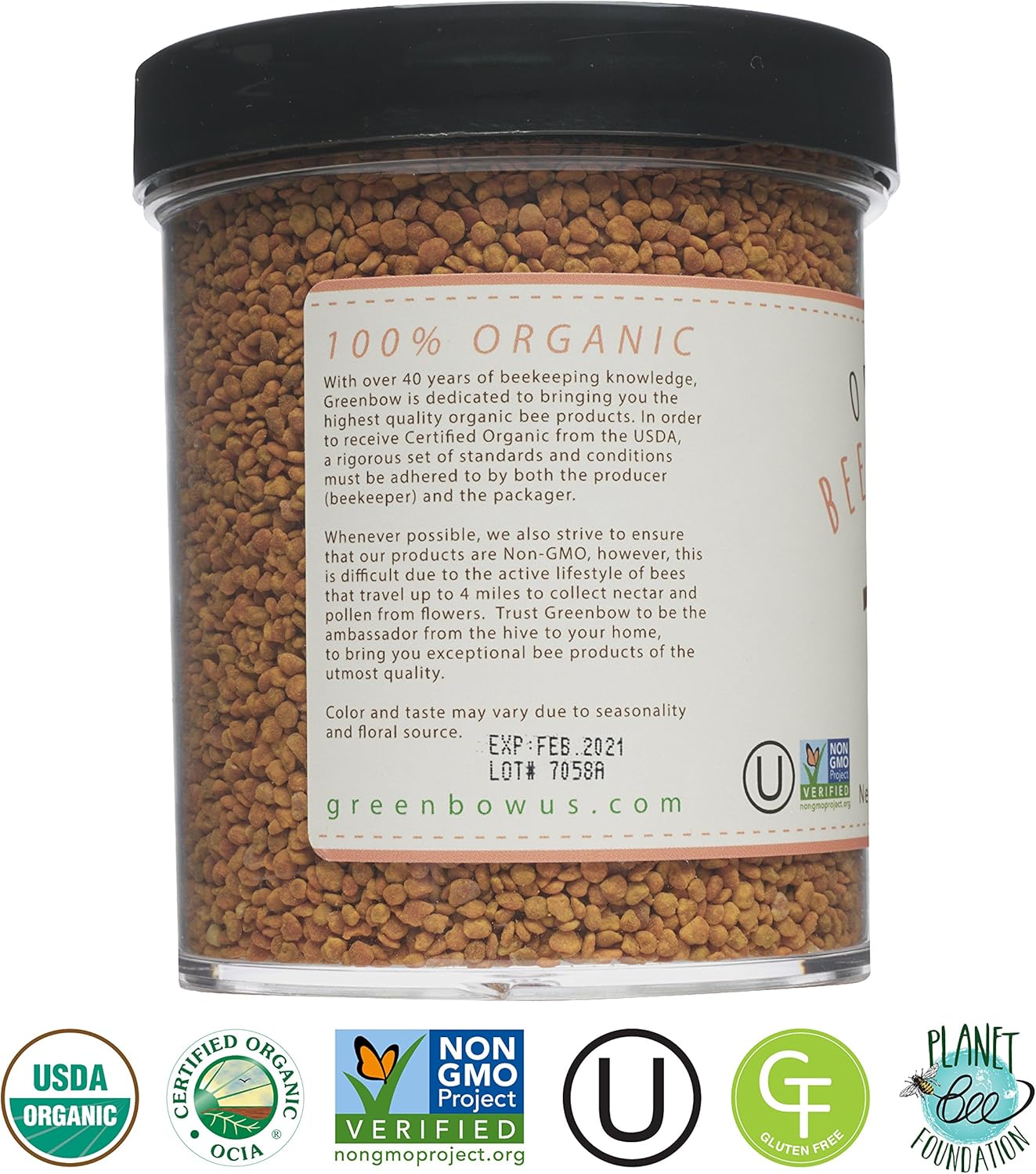 USDA Certified Organic Greenbow Bee Pollen - Non-GMO, Halal & Kosher Certified Superfood - 311g of Pure & Natural Pollen with Proteins, Vitamins, & Minerals - Gluten Free