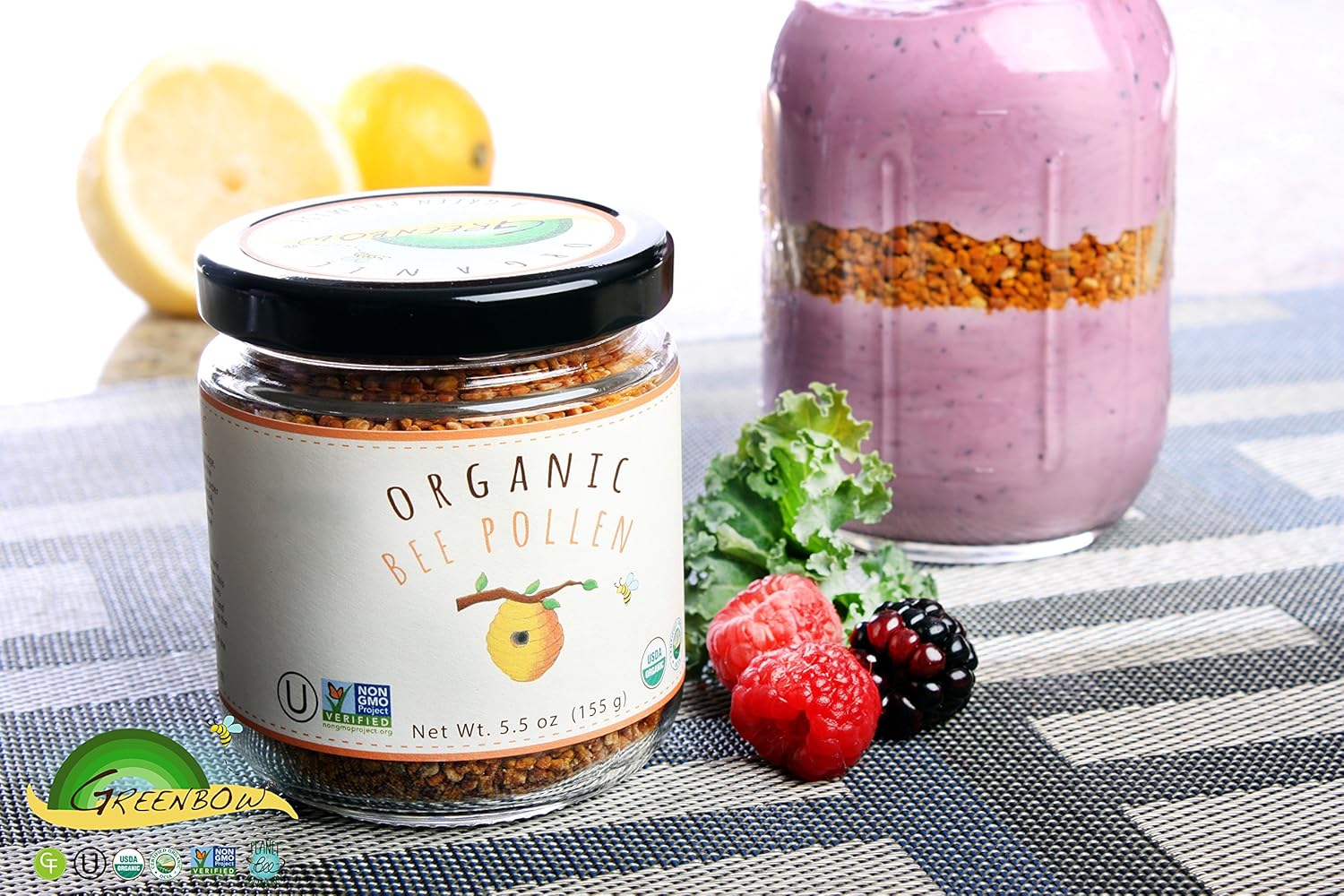 USDA Certified Organic Greenbow Bee Pollen - Pure Superfood with Proteins, Vitamins, & Minerals - Non-GMO, Kosher, Gluten-Free - 310g Total