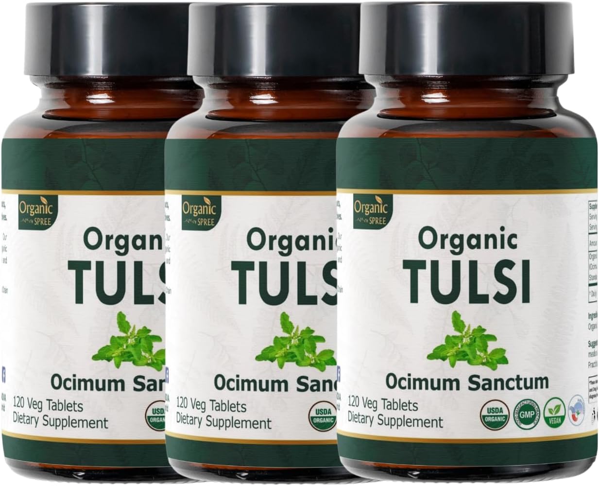 USDA Certified Organic Holy Basil (Tulsi) Tablets - 360 Vegan & Natural Pills - Pack of 3 - 120 Tablets Each