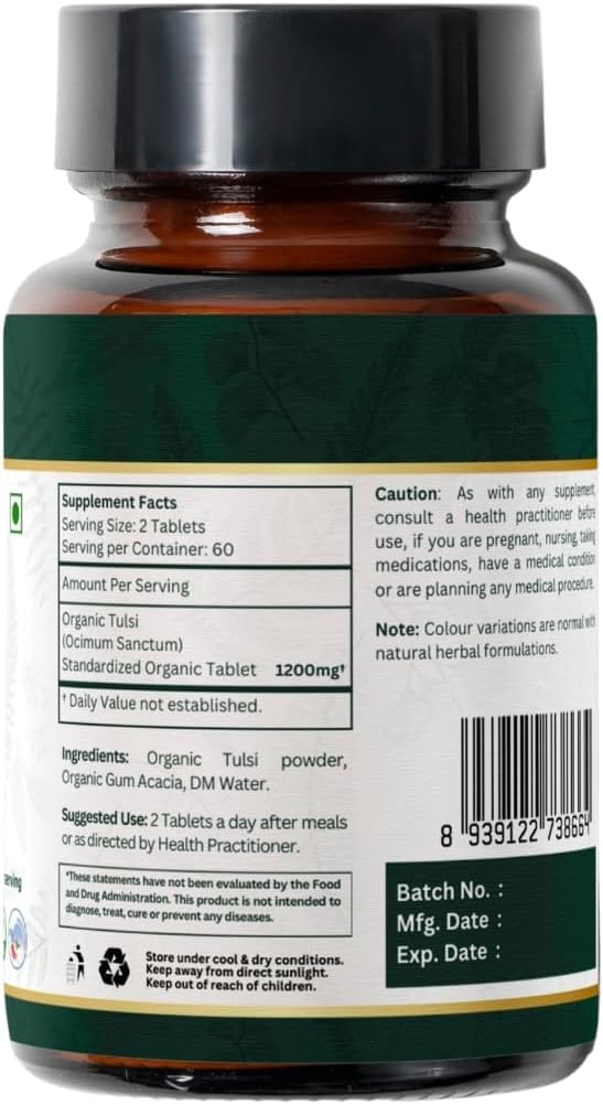 USDA Certified Organic Holy Basil (Tulsi) Tablets - 360 Vegan & Natural Pills - Pack of 3 - 120 Tablets Each