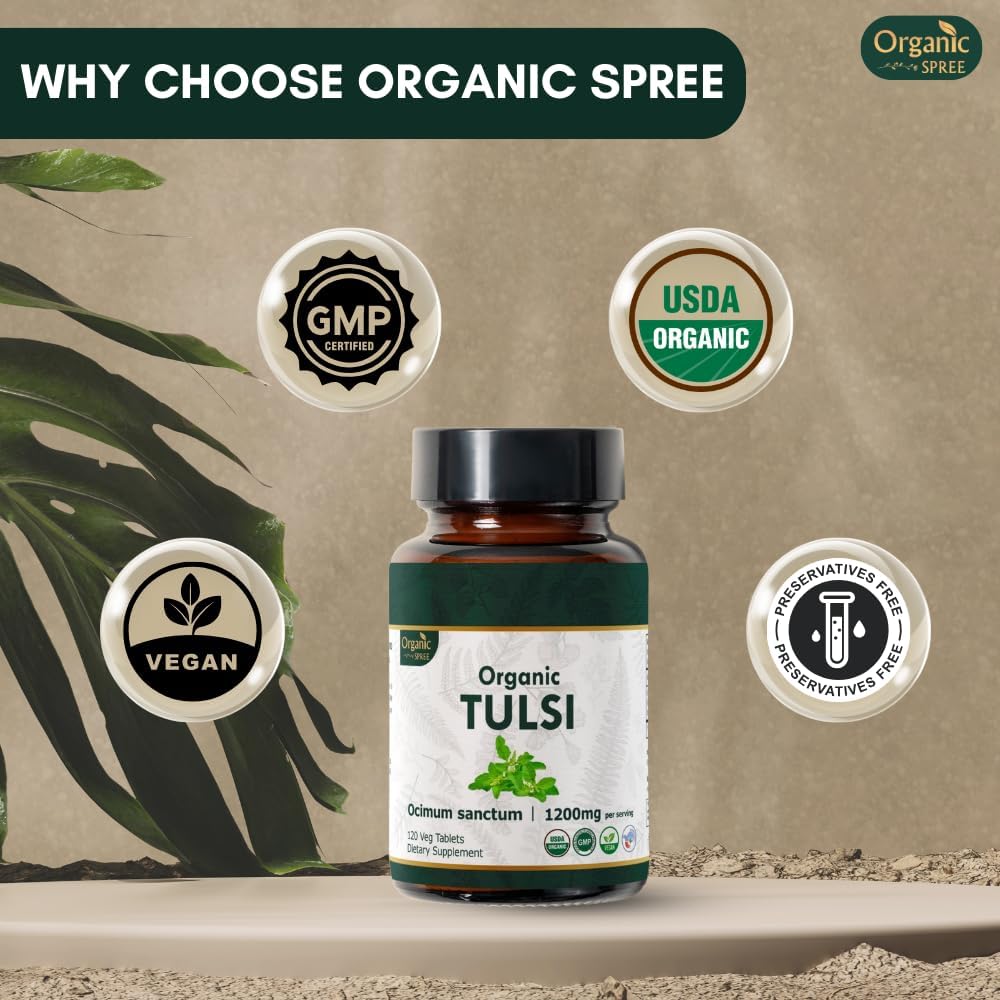 USDA Certified Organic Holy Basil (Tulsi) Tablets - 360 Vegan & Natural Pills - Pack of 3 - 120 Tablets Each