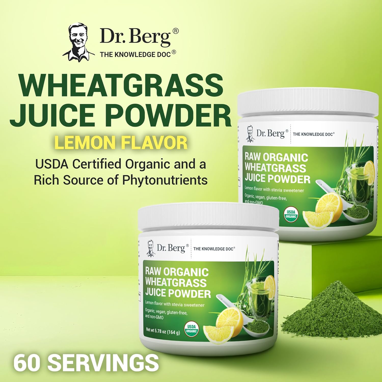 USDA Certified Organic Lemon Flavored Wheatgrass Juice Powder - 60 Servings - Rich in Chlorophyll, Trace Minerals, and Enzymes - 3 Pack of Ultra-Concentrated Dr. Berg Nutritionals Powder