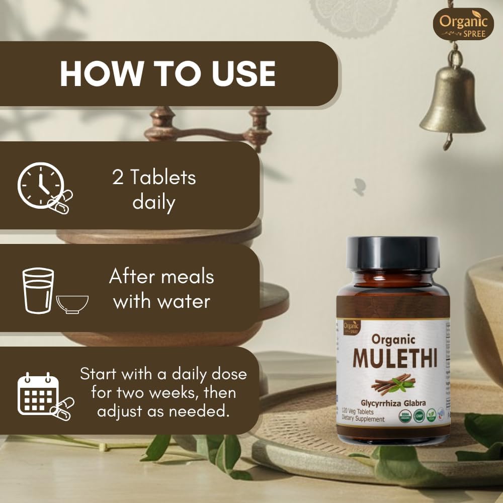 USDA Certified Organic Licorice Mulethi Tablets - 120 Vegan Tabs for Healthy Digestion - Glycyrrhiza Glabra Supplement