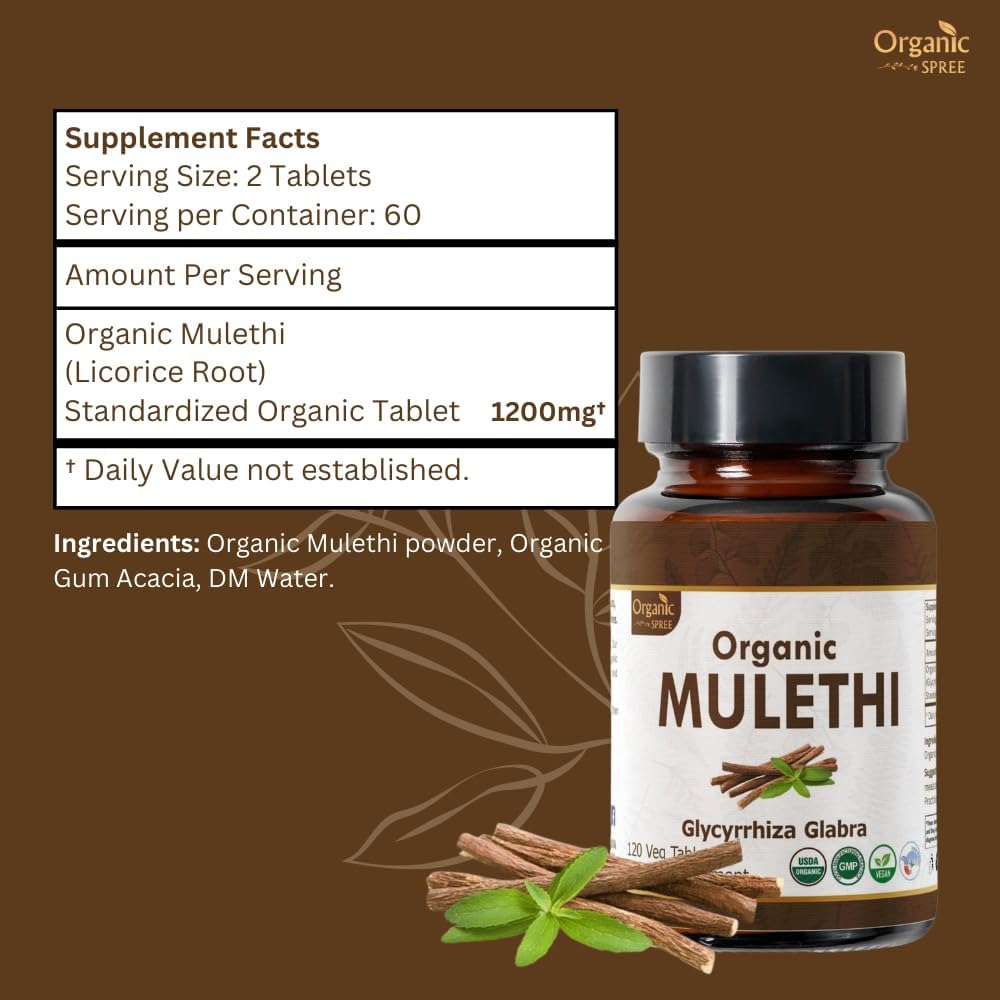 USDA Certified Organic Licorice Mulethi Tablets - 120 Vegan Tabs for Healthy Digestion - Glycyrrhiza Glabra Supplement