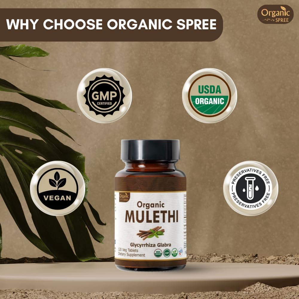 USDA Certified Organic Licorice Mulethi Tablets - 120 Vegan Tabs for Healthy Digestion - Glycyrrhiza Glabra Supplement