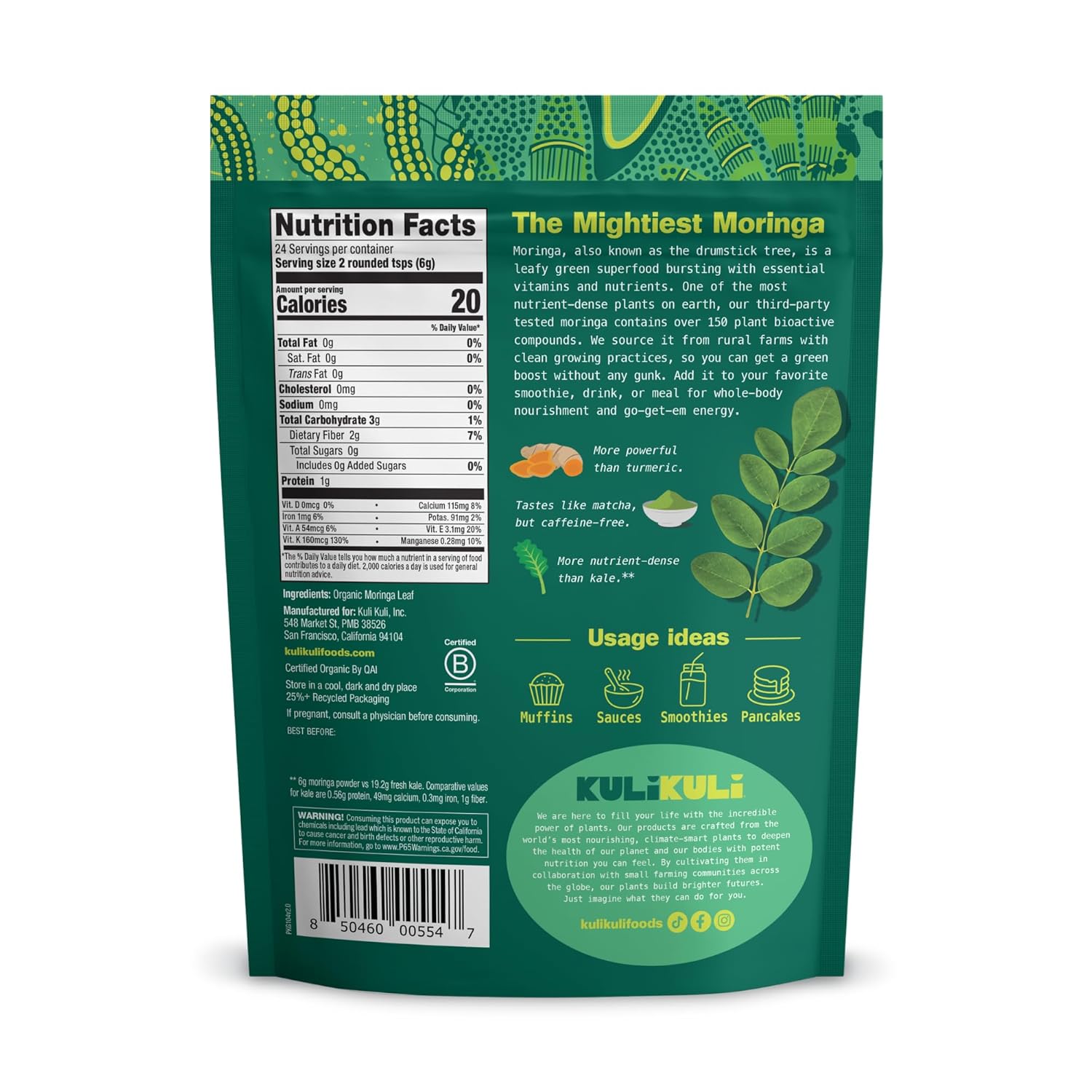 USDA Certified Organic Moringa Leaf Powder for Smoothies & Tea - 100% Pure Non-GMO Powder, 5 oz. Pack