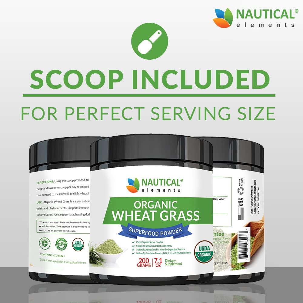 USDA Certified Organic Nautical Elements Wheatgrass Powder - Rich in Amino Acids, Chlorophyll, Antioxidants, Minerals, and Vitamins - US Grown Vegan Non-GMO Superfood