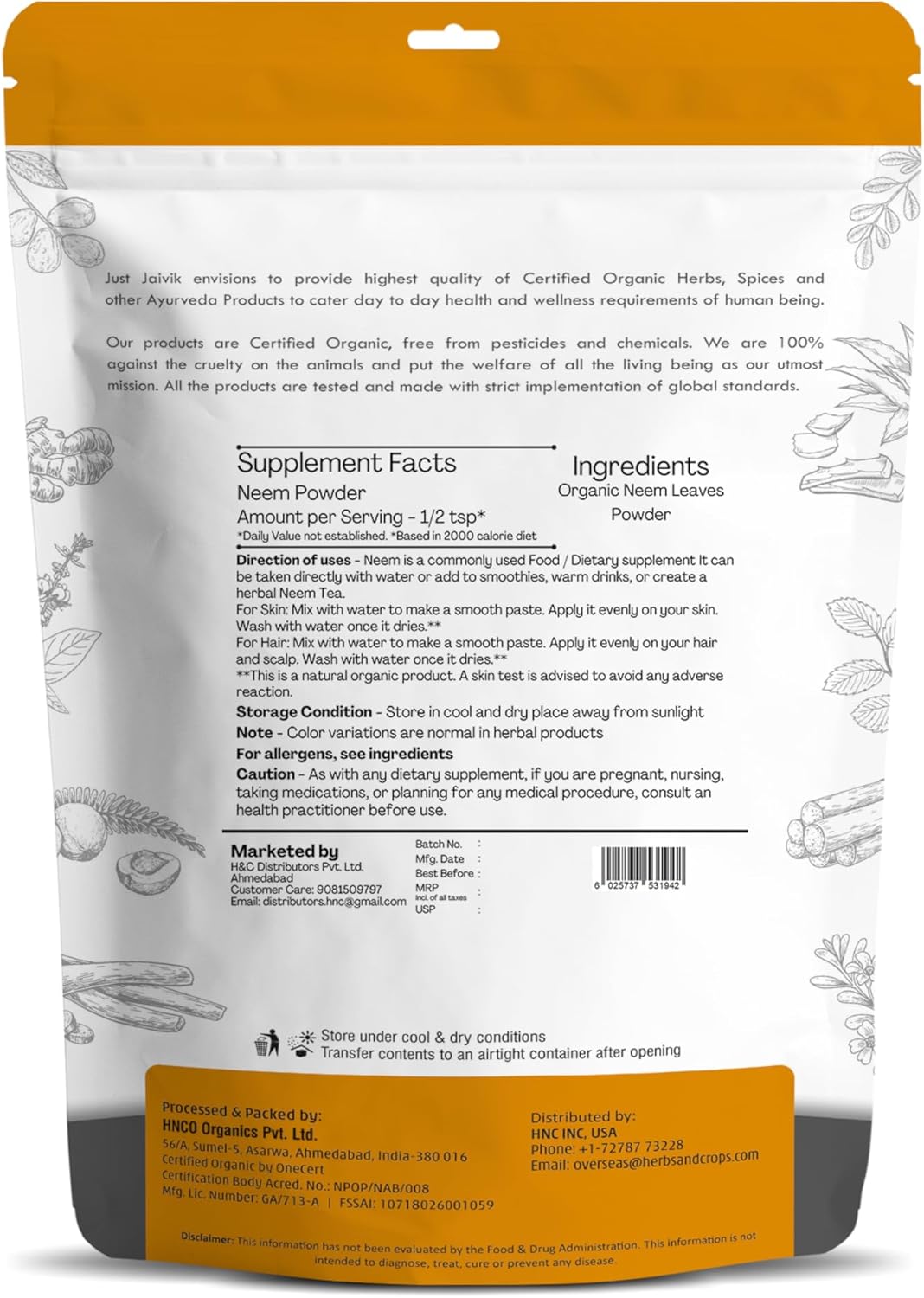 USDA Certified Organic Neem Leaves Powder - 100% Pure, 227g - Promotes Healthy Hair and Clear Skin