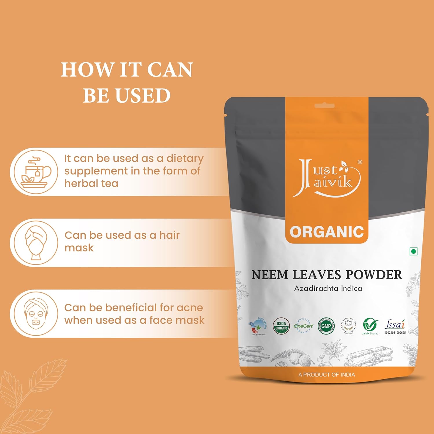 USDA Certified Organic Neem Leaves Powder - 100% Pure, 227g - Promotes Healthy Hair and Clear Skin