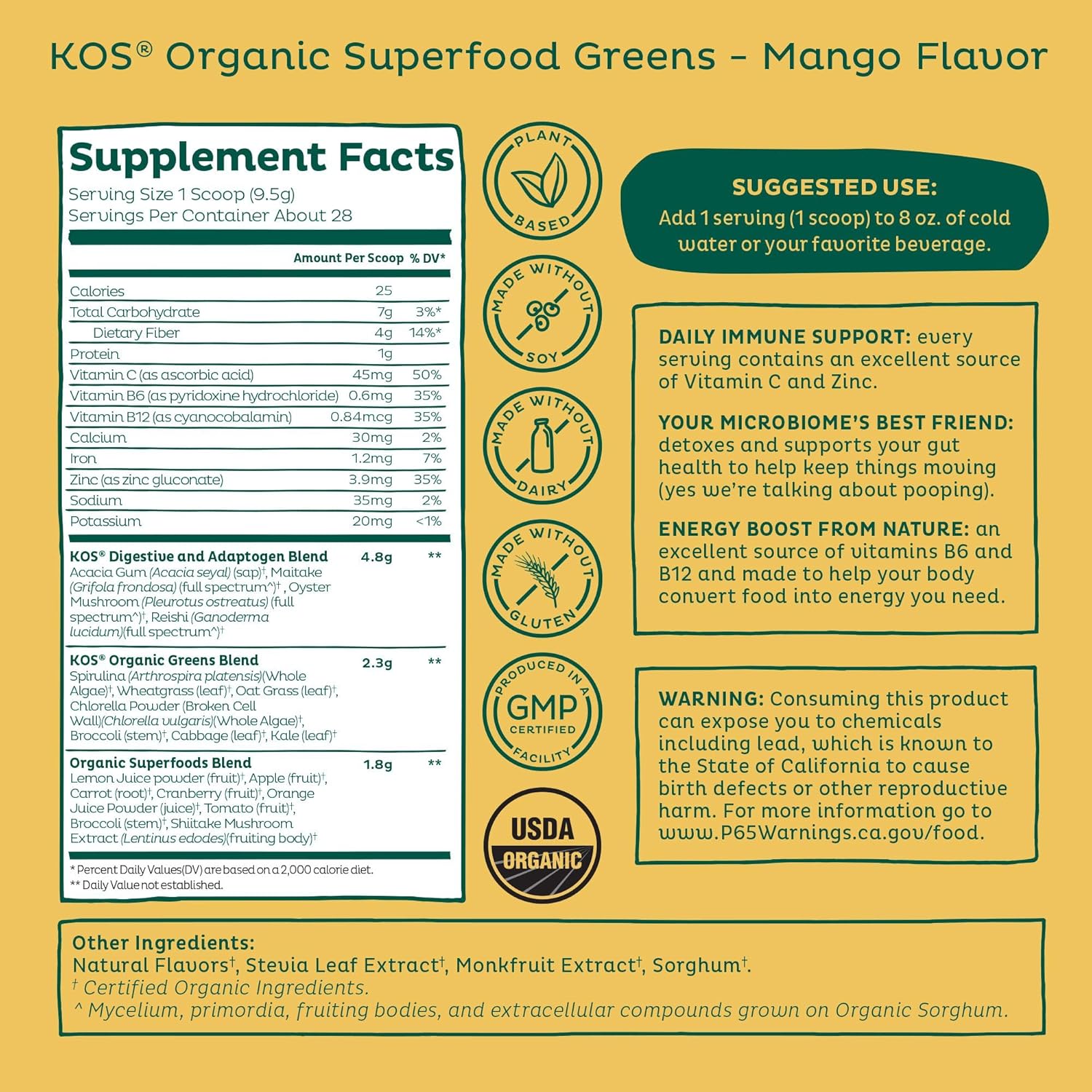 USDA Certified Organic Superfood Greens Powder for Gut Health - Prebiotic Fiber, Supergreens, Adaptogens - 28 Servings Mango - GMP Certified